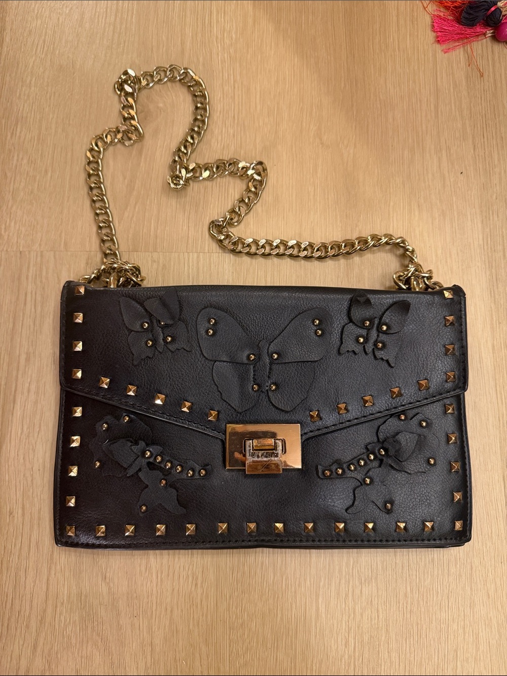 Mango Black Butterfly Studded Crossbody with Gold Chain